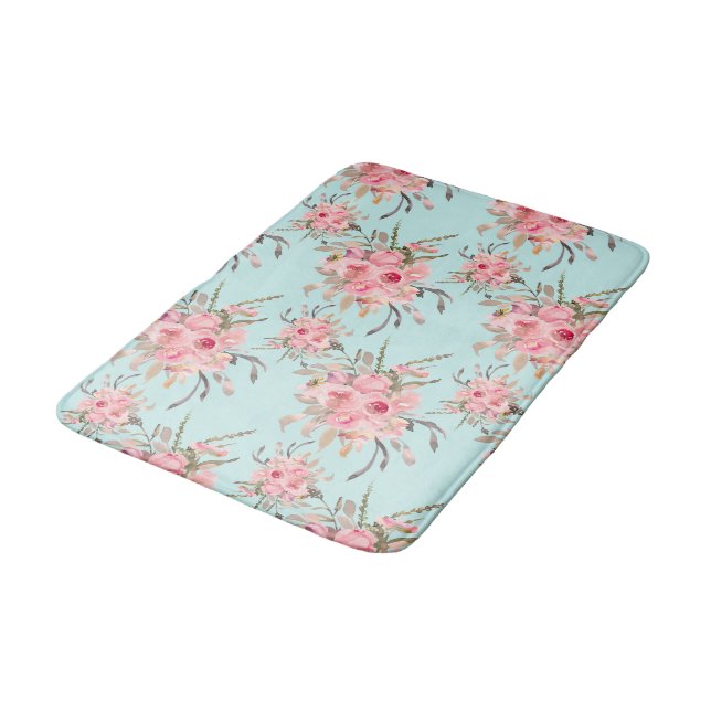 Tapis De Bain Fleurs rose pâle sur bleu clair (Angle)