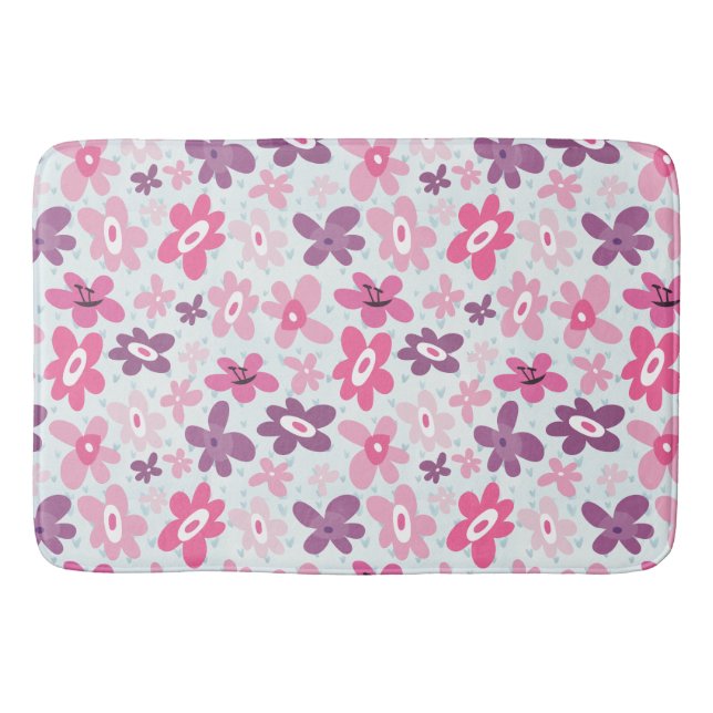 Tapis De Bain Fleurs roses et Coeurs Bleus mignons Whimsical (Devant)