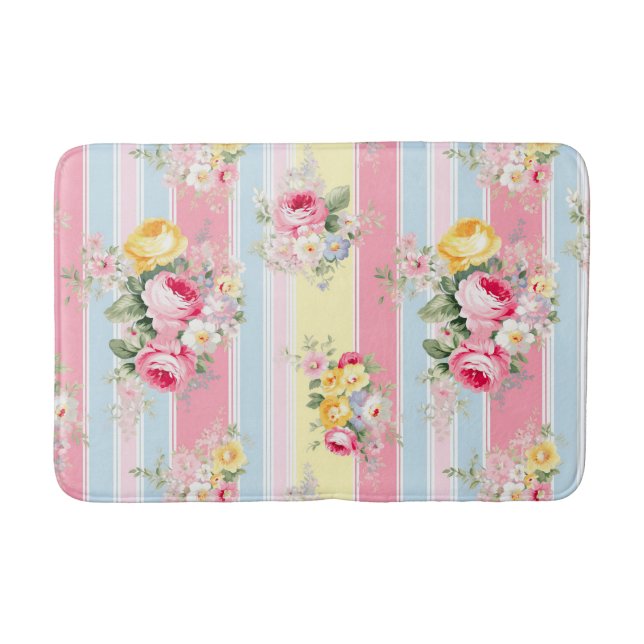 Tapis De Bain Fleurs roses rayées (Devant)
