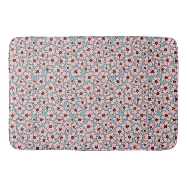 Tapis De Bain Fleurs roses sur fond bleu  (Devant)