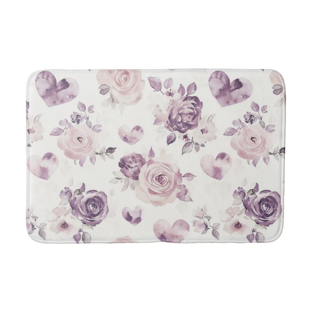 Tapis De Bain Fleurs roses violettes & Cœurs   (Devant)