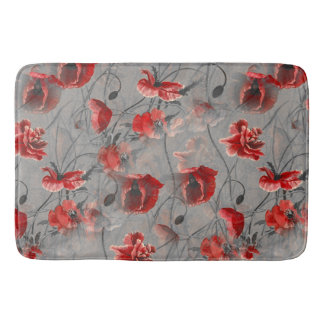 Tapis De Bain Fleurs rouges sur Gris foncé, Pépites rouges à pap