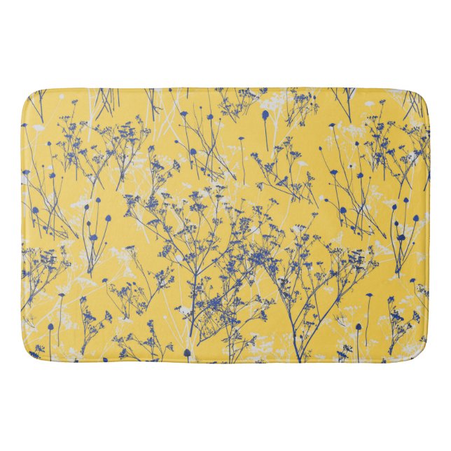 Tapis De Bain Fleurs sauvages bleus élégants sur moutarde jaune (Devant)