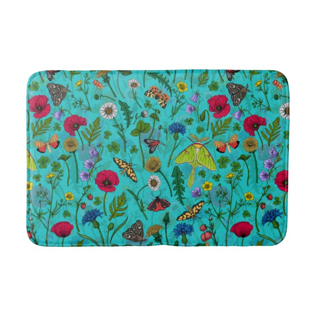Tapis De Bain Fleurs sauvages et papillons de nuit sur turquoise (Devant)