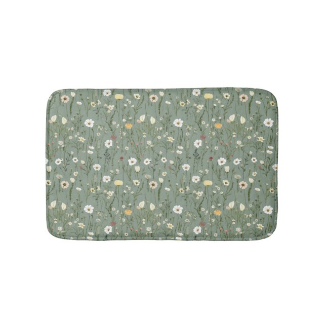 Tapis De Bain Fleurs sauvages jaune blanc vert sauge Bohème Tend (Devant)
