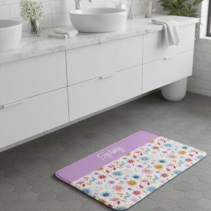 Tapis De Bain Fleurs sauvages personnalisées bleu violet rose