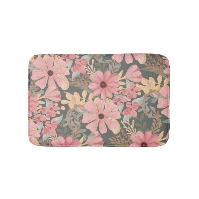 Tapis De Bain Fleurs vertes rose Sage Laisser Motif Aquarelle (Devant)
