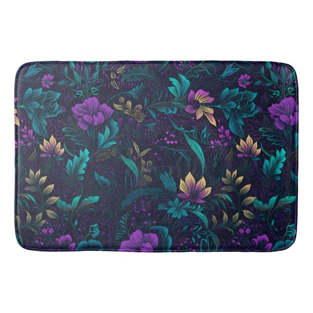 Tapis De Bain Fleurs violettes et Feuilles Turquoises (Devant)
