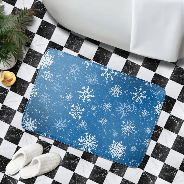 Tapis De Bain Flocons de neige bleus Classique Hiver Blanc (Créateur téléchargé)