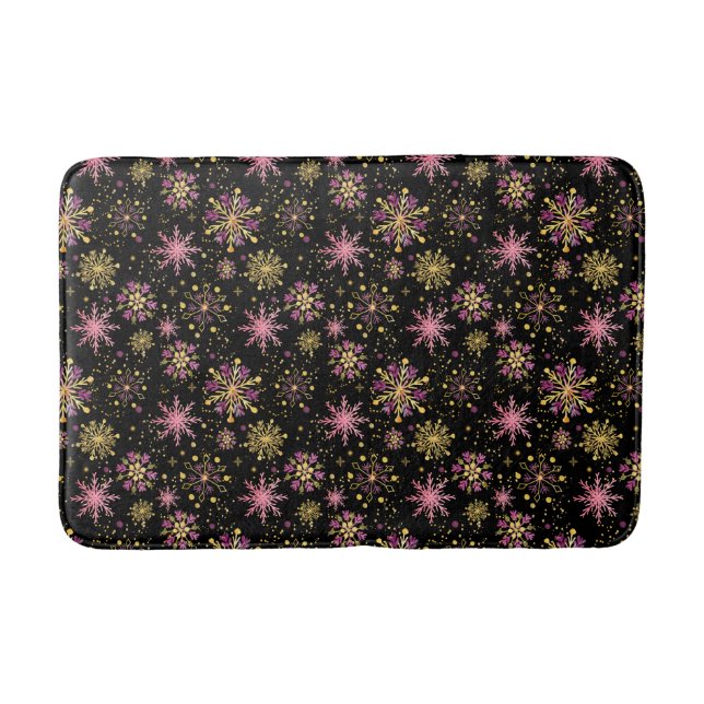 Tapis De Bain Flocons de neige d'hiver en or et noir (Devant)