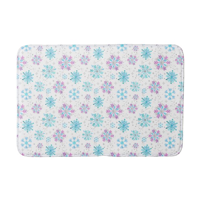 Tapis De Bain Flocons de neige violets et bleus d'hiver (Devant)