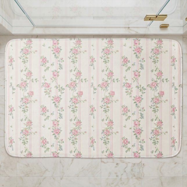 Tapis de bain floral aquarelle rose (cute vintage girly coquette pink floral rose pattern bath mat)