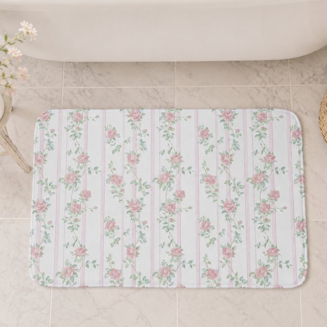 Tapis de bain floral aquarelle rose (cute vintage girly coquette pink floral rose pattern bath mat)