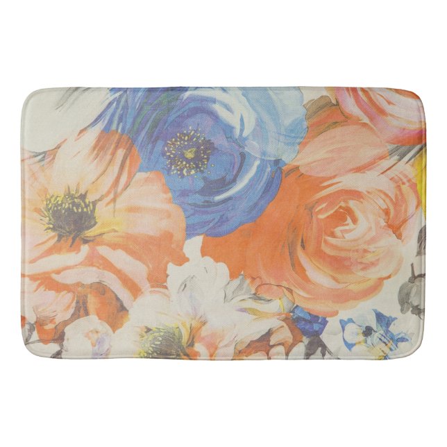 Tapis de bain floral - Bleu, Orange, Beige (Devant)