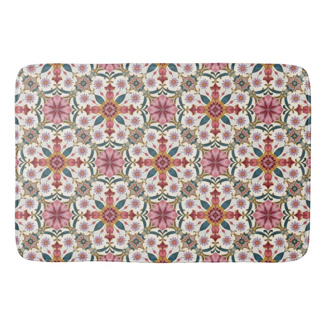 Tapis De Bain Floral Boho Pattern in Red, Pink & Teal (Devant)