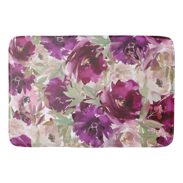 Tapis de bain floral botanique vert blanc violet (Devant)