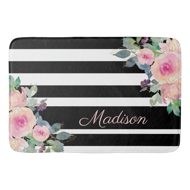 Tapis De Bain Floral Elegant Stripes Nom Rose Noir Blanc (Devant)