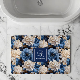 Tapis de Bain Floral Fleurs Navy Élégant Nom Perso