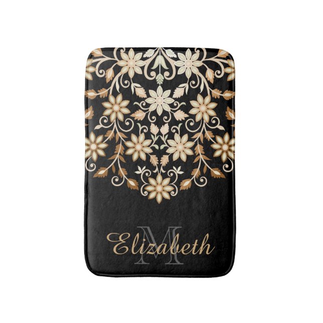 Tapis De Bain Floral noir et or élégant (Devant (Vertical))