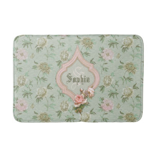 Tapis De Bain Floral vert et rose chic Girly personnalisé