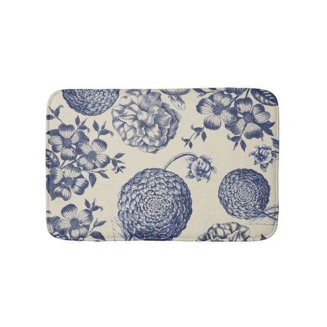 Tapis De Bain Flore d'impression florale de fleurs bleues antiqu (Devant)