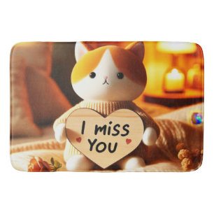 Tapis De Bain Fluffy Chat tenant un coeur gravé "I Miss You"