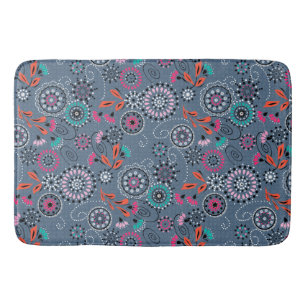 Tapis De Bain Folk ethnique abstrait motif floral rétro gris blu
