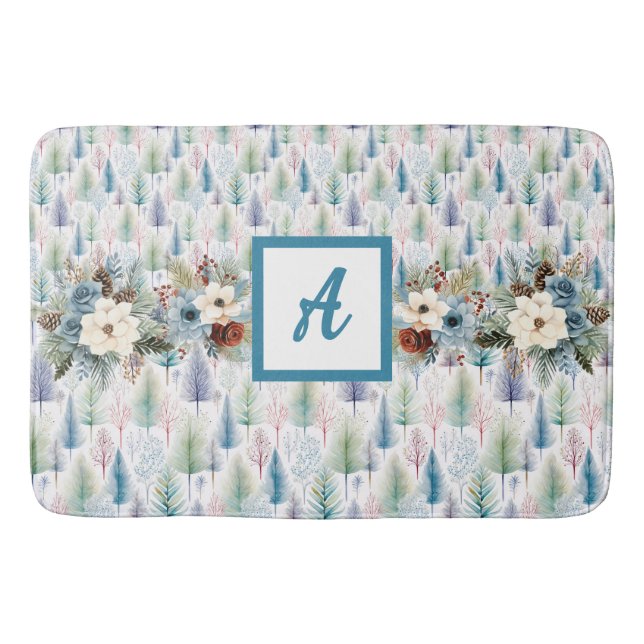 Tapis De Bain Forêt d'hiver florale bleue  (Devant)
