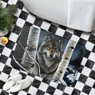 Tapis De Bain Forêt mystique de bouleaux alpha loup en hiver