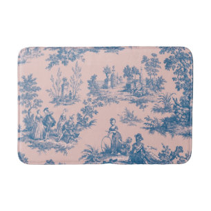 Tapis De Bain French toile de jouy bleu et rose élégant