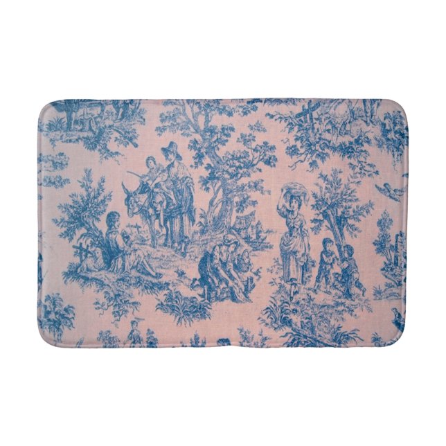 Tapis De Bain French toile de jouy bleu et rose élégant (Devant)