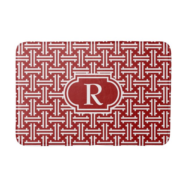 Tapis De Bain Fret chinois Art déco, rouge foncé et blanc (Devant)