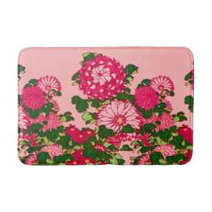 Tapis De Bain Frontière des fleurs japonaises, Fuchsia et Coral
