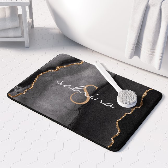Tapis De Bain Géode d'agate noire et or monogramme (Créateur téléchargé)