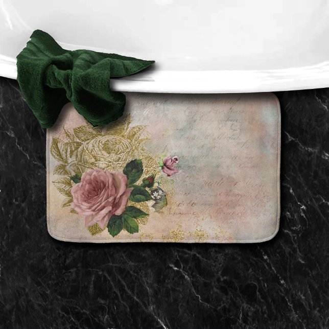 Tapis De Bain Glam Steampunk | Rose rose et or Rustique Floral (Créateur téléchargé)
