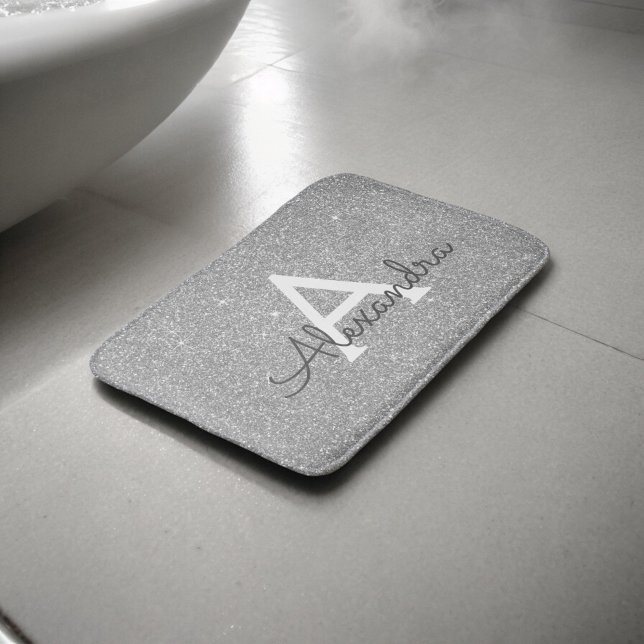 Tapis De Bain Glitter Argent Étincelle Monogramme Mat de bain (Créateur téléchargé)