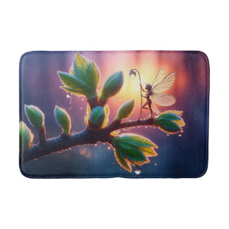Tapis De Bain Glowing sunrise background with winged creature