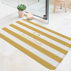 Tapis De Bain Gold et White Wide Stripes Nom du monogramme