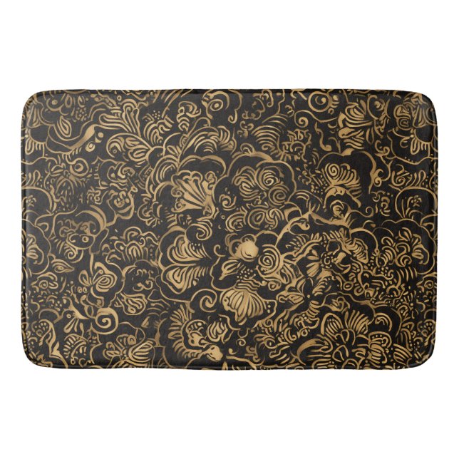 Tapis De Bain Gold Floral Baroque Pattern on Black (Devant)