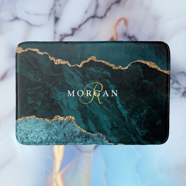 Tapis De Bain Gold Noir & Agate Turquoise, Monogramme Or & Nom (Créateur téléchargé)