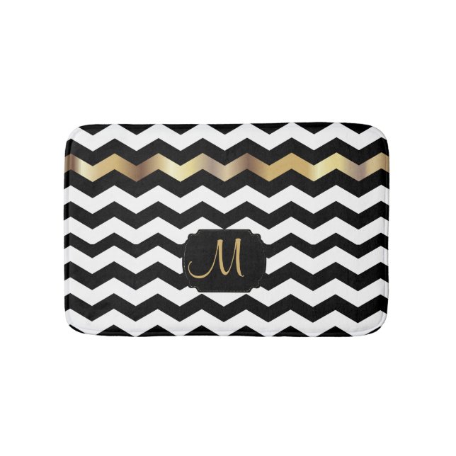 Tapis De Bain Gold, White & Black Chevron Design (Devant)