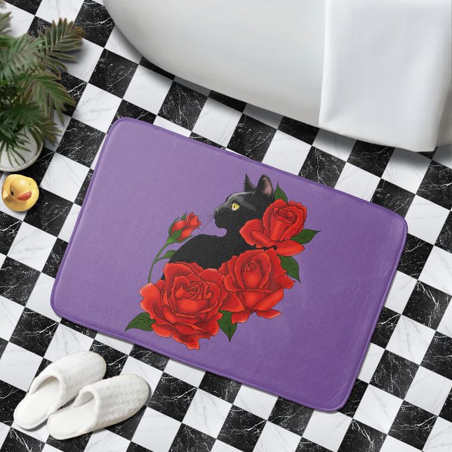Tapis De Bain Gothique Chat Noir Roses Rouges Violet (Créateur téléchargé)