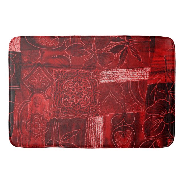 Tapis de bain grand imprimé floral rouge patchwork (Devant)