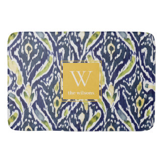 Tapis De Bain Gras bleu jaune Abstrait Ikat Monogramme