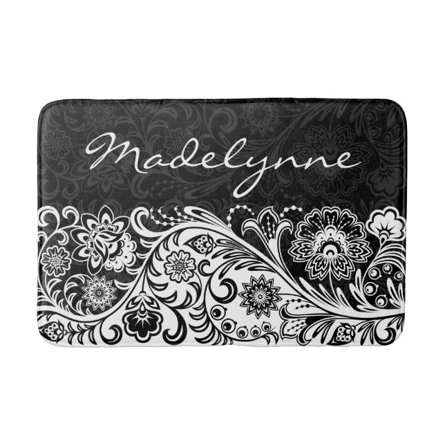 Tapis De Bain Gras Noir Blanc Floral Design Bain Mat (Devant)