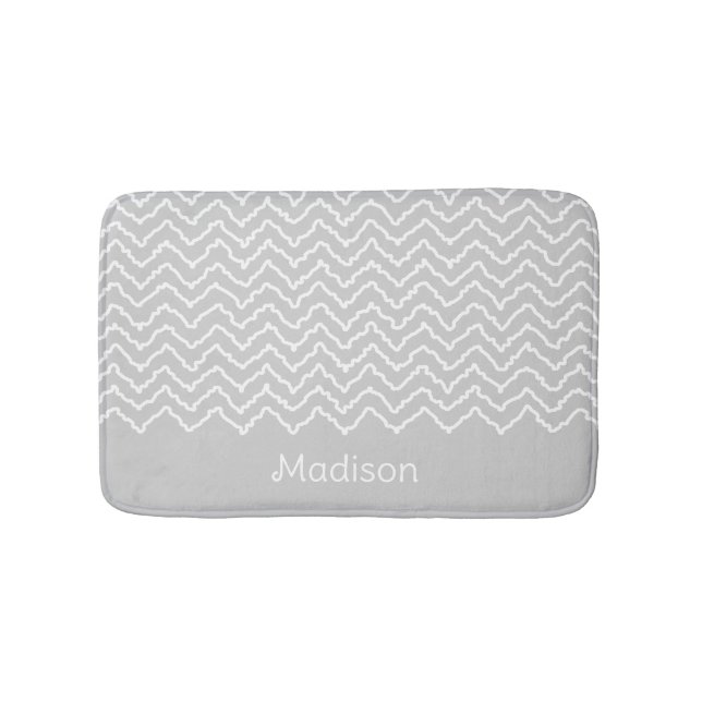 Tapis De Bain Gray And White Squiggly Chevron Zigzag With Name (Devant)