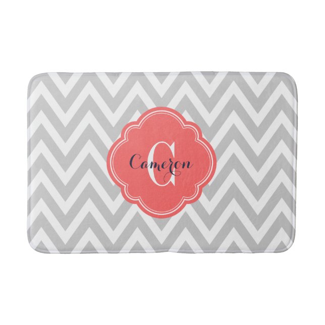 Tapis De Bain Gray et Coral Chevron Monogramme (Devant)