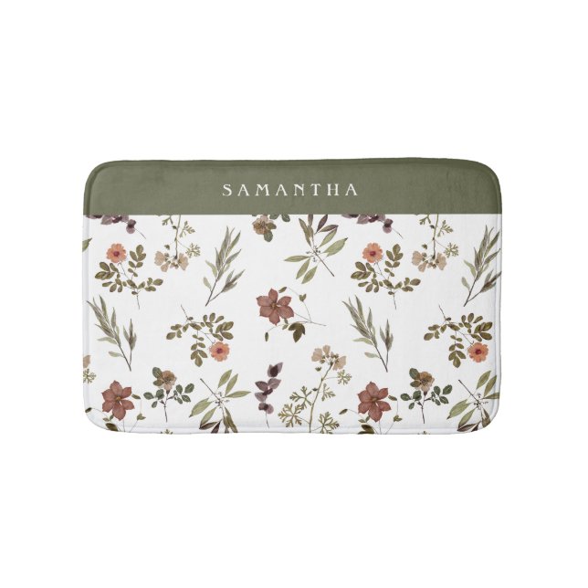 Tapis De Bain Green Burgundy Wildflower Monogram Name (Devant)