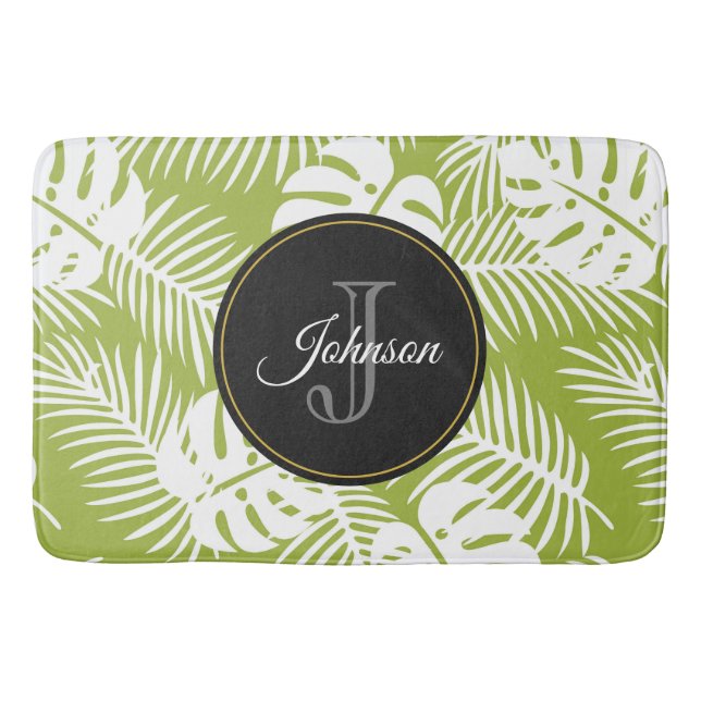 Tapis De Bain Green Palm Feuille Rainforest Motif Monogram (Devant)