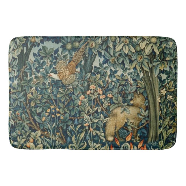 Tapis De Bain GREENERY, FOREST ANIMALS Pheasant, Fox, Green Flor (Devant)